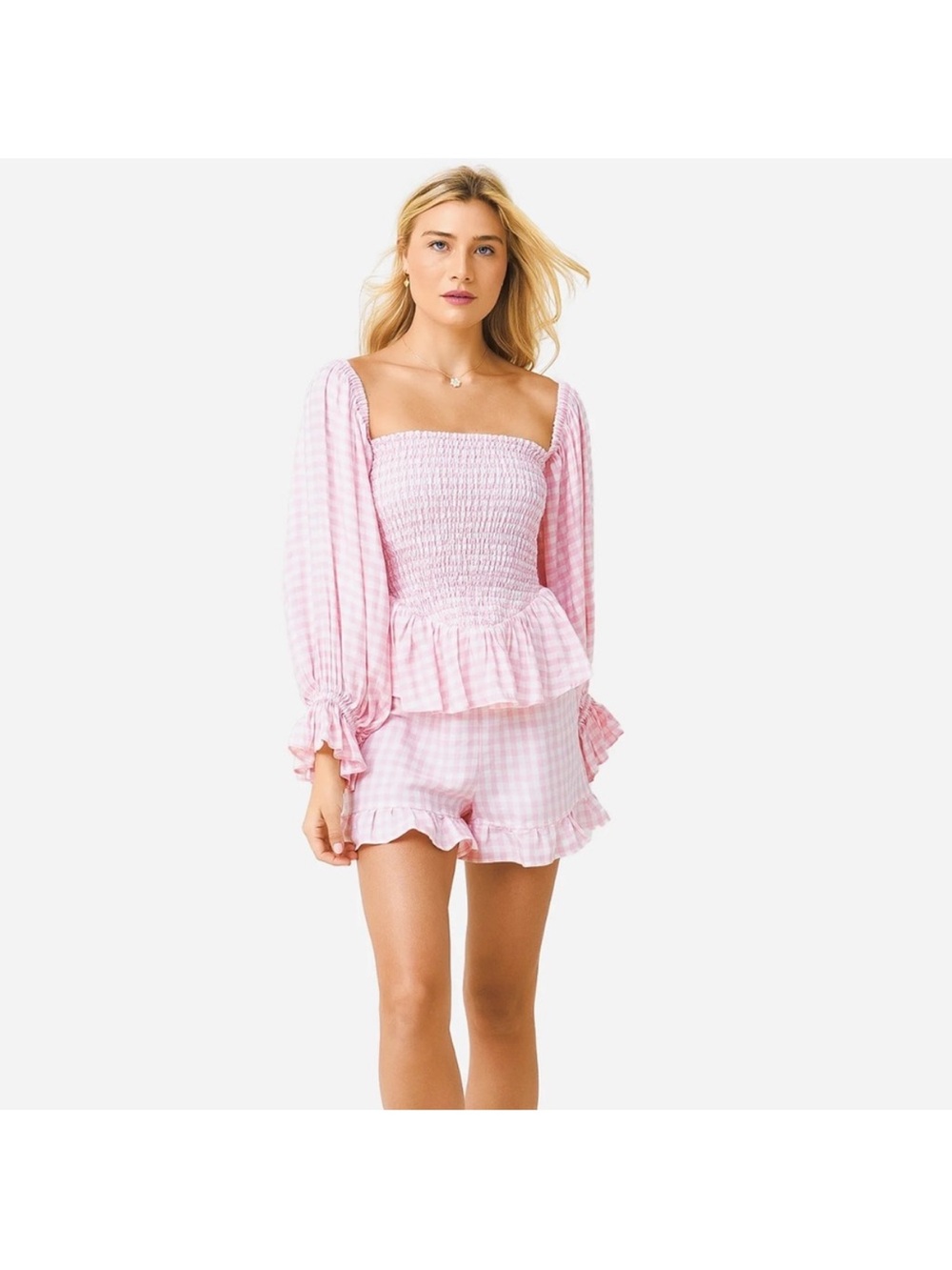 Sleeper pink gingham smocked peplum top and bottom